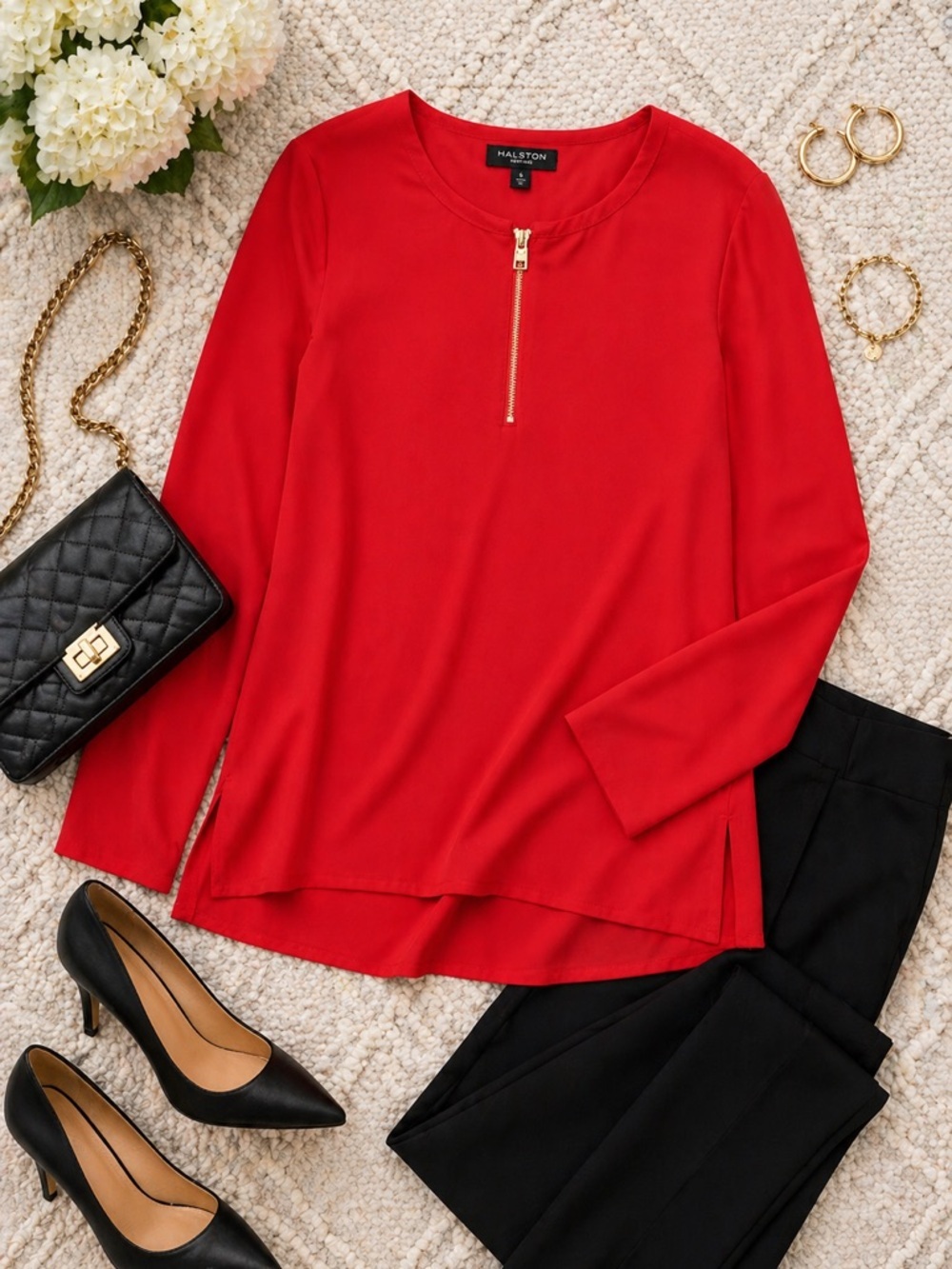 Halston Heritage Red Zip Front Hi Low Tunic Blouse Size XL NWT
